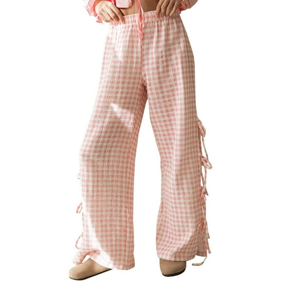 TAIAOJING Toddler Little Girls Kids Wide Leg Gingham Pants Elastic High Waist Side Tie Loose Fit Plaid Trouser Lace Up Pants Stylish 11-12Y