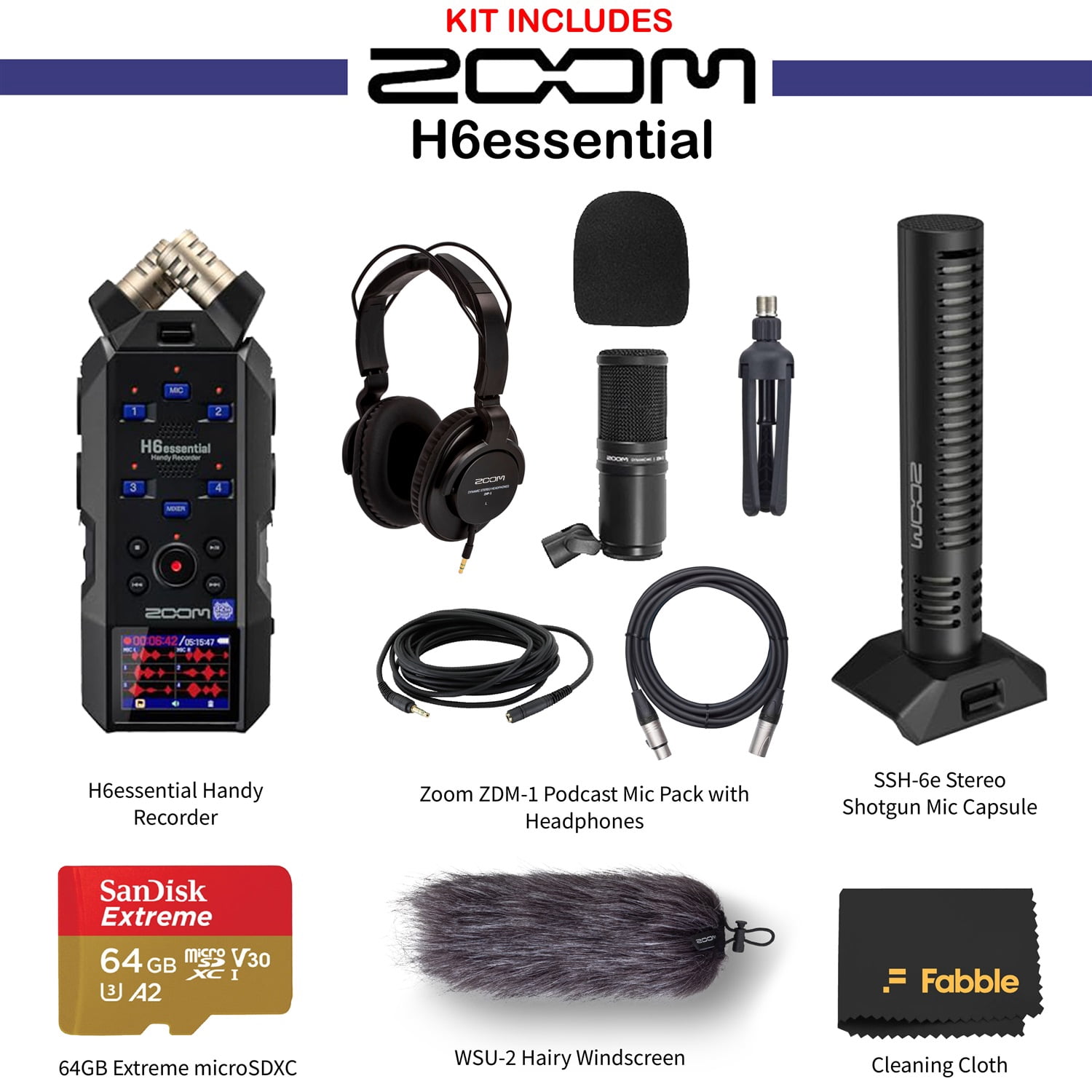 Zoom H6 Essential Handy Recorder Bundle with Zoom Stereo Shotgun Mic Capsule, Podcast Mic, Headphones, XLR Cable, Tabletop Stands, Windscreen, Cables, 2X 64GB micro SD Memory Card