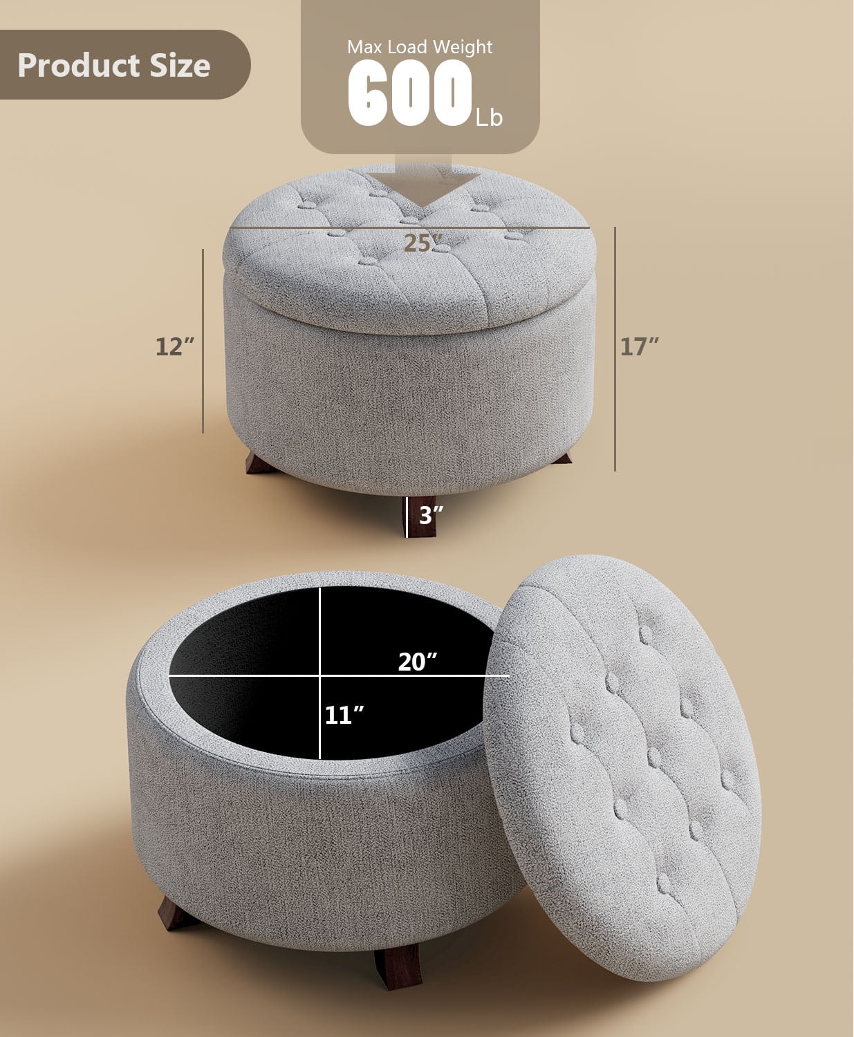 OSM Ottoman,Round Foot Rest Stool, Upholstered Large Ottoman Chair with Storage for Living Room & Bedroom, Decorative Home Furniture, Gray