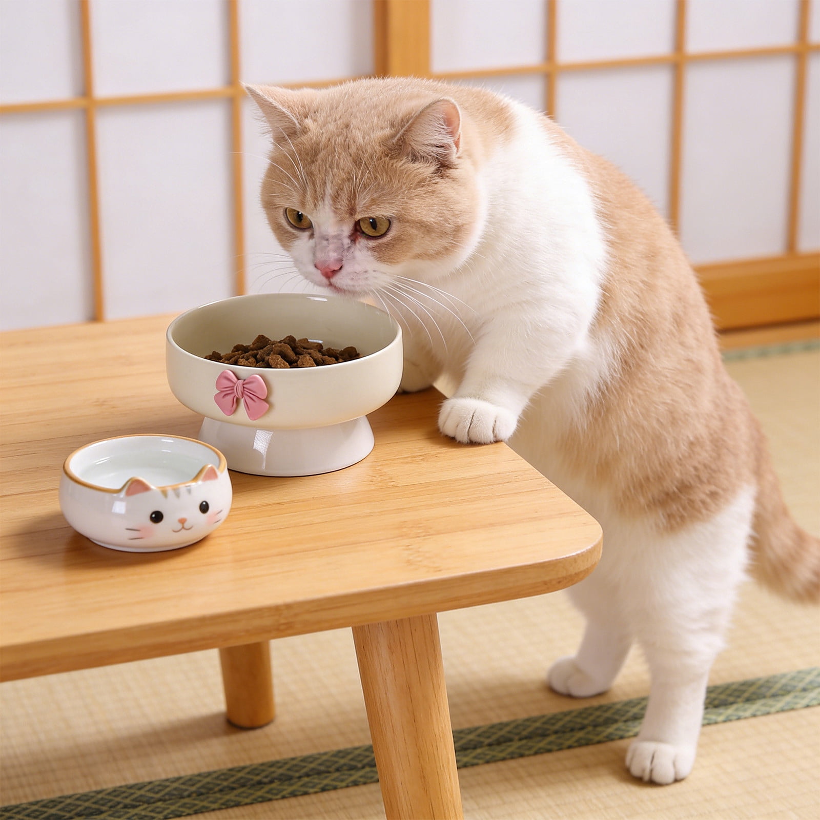 PONPRNGY Ceramic Bowls, Elevated cat Bowl, Anti-Vomiting, Whisker Friendly Raised Bowl, Easy to Clean, Non-Slip, Suitable for Small s