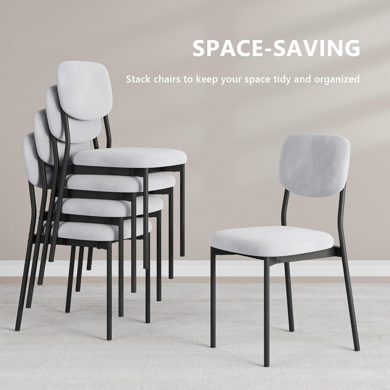 Upholstered Dining Chairs Set of 4, Stackable Modern Dining Room Chairs, Kitchen Chairs w/Soft Velvet Backrest & Sturdy Metal Legs ,Light Grey