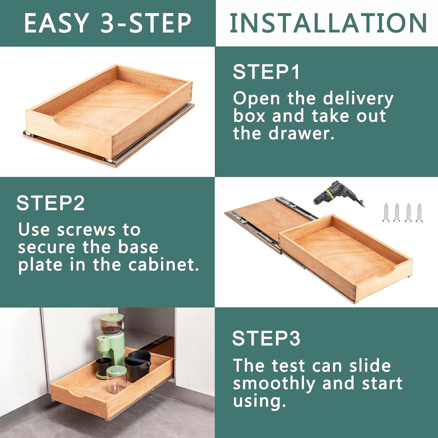 Pull Out Drawers for Kitchen Cabinets, Pull Out Cabinet Organizer, Fully Assembled Wood Cabinet Pull Out Drawer, Fast and Easy DIY Installation, 11”W x 21”D