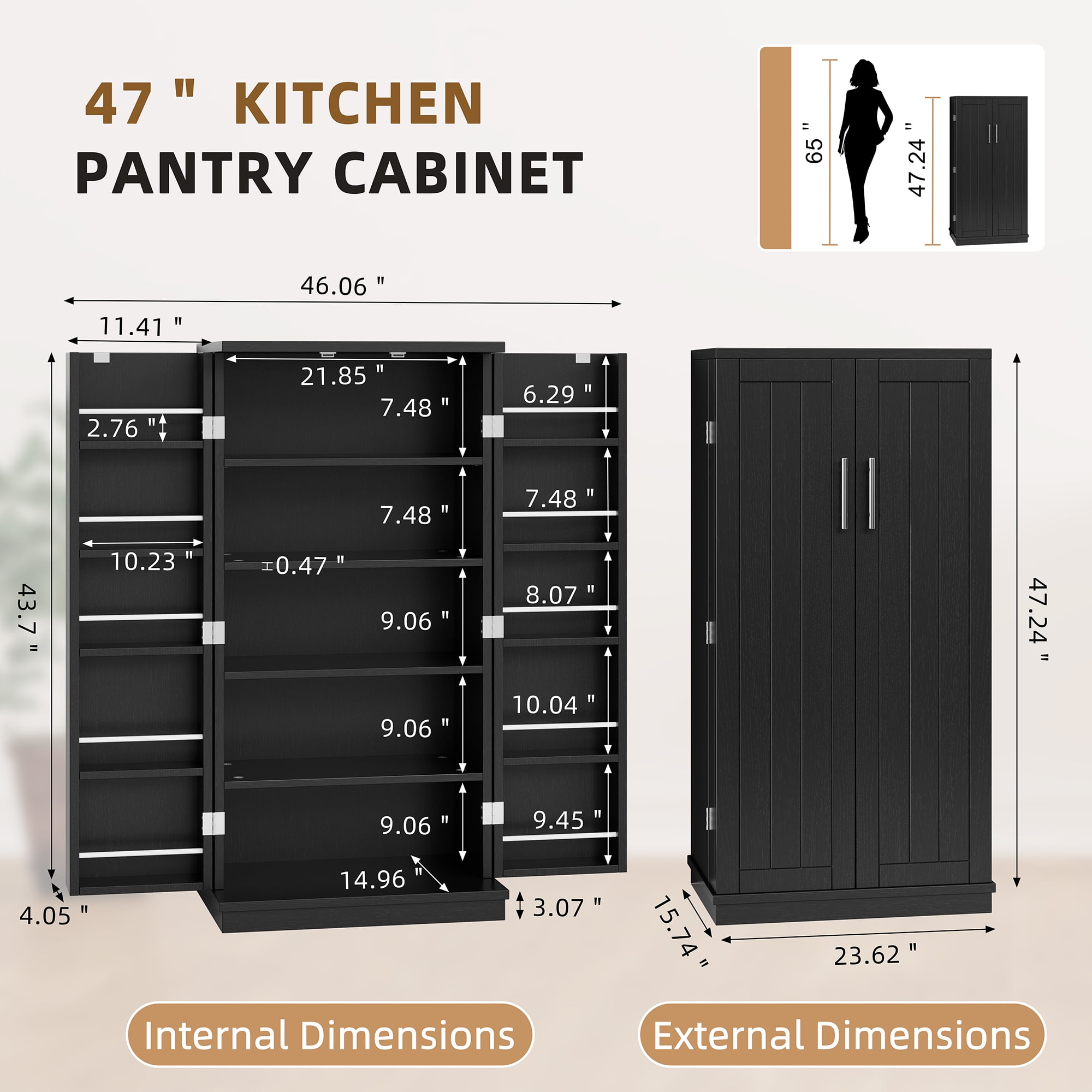 Walsunny Pantry Food Storage Cabinet 47" Free Standing Craft Cupboard with Doors Adjustable Shelves for Kitchen Entryway Dining Room Bathroom Black