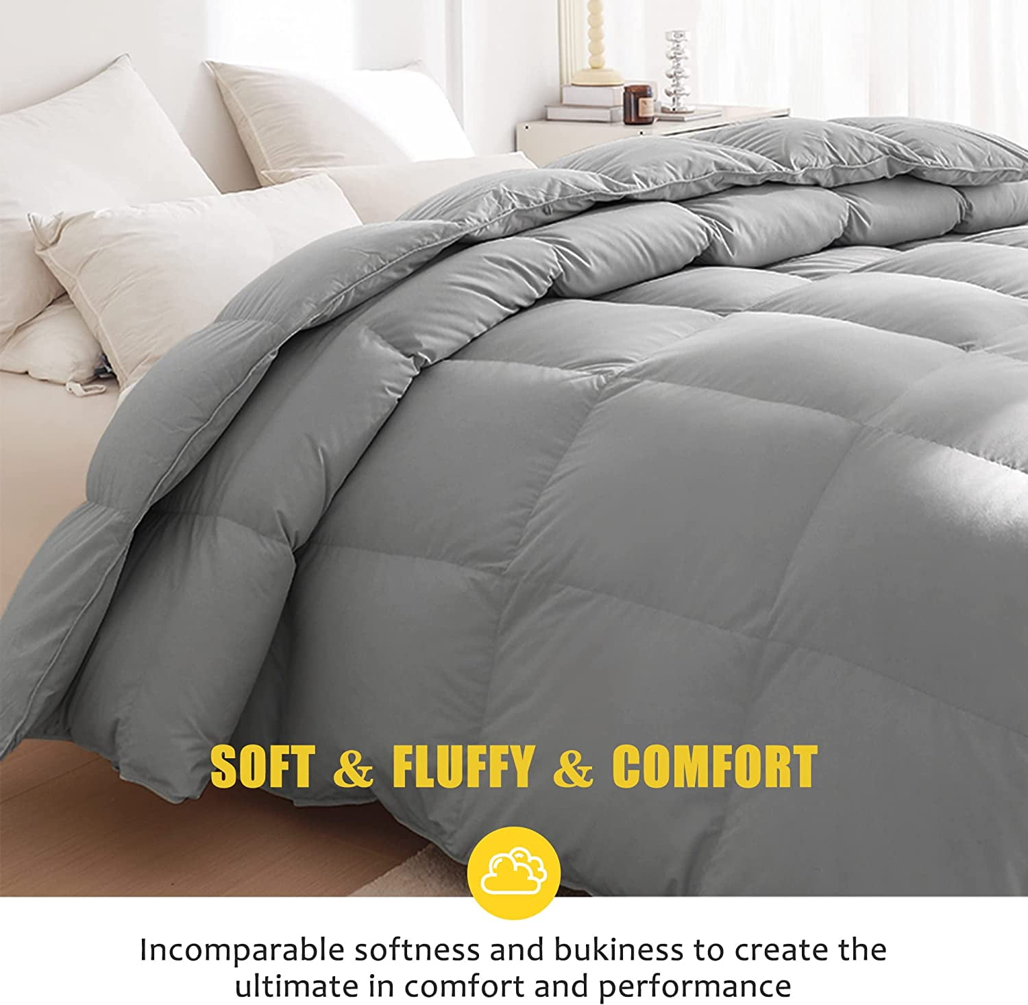 DOMDEC Goose Down Quilted Comforter with Corner Tabs, 100% Cotton Shell Duvet Insert, 450 Fill Power - All Season Grey, Queen Size 90x90 Inches