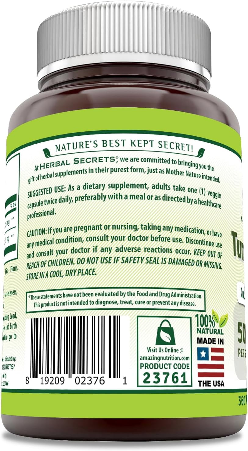 Herbal Secrets Turmeric & Ginger 500 Mg Per Serving 360 Veggie Capsules Supplement | 225mg of Turmeric & 275mg of Ginger | Non-GMO | Gluten Free | Made in USA