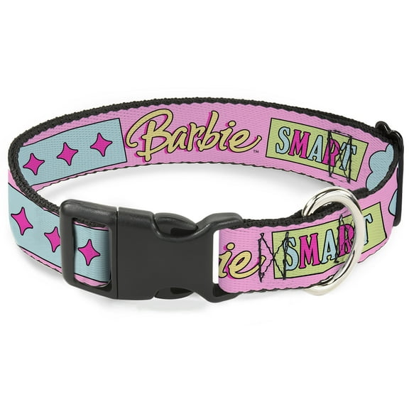 Mattel Pet Collar, Dog Collar Plastic Buckle, Barbie Smart Beautiful Strong Icons Pink Multi Color, 7 to 8.5 Inches 0.5 Inch Wide