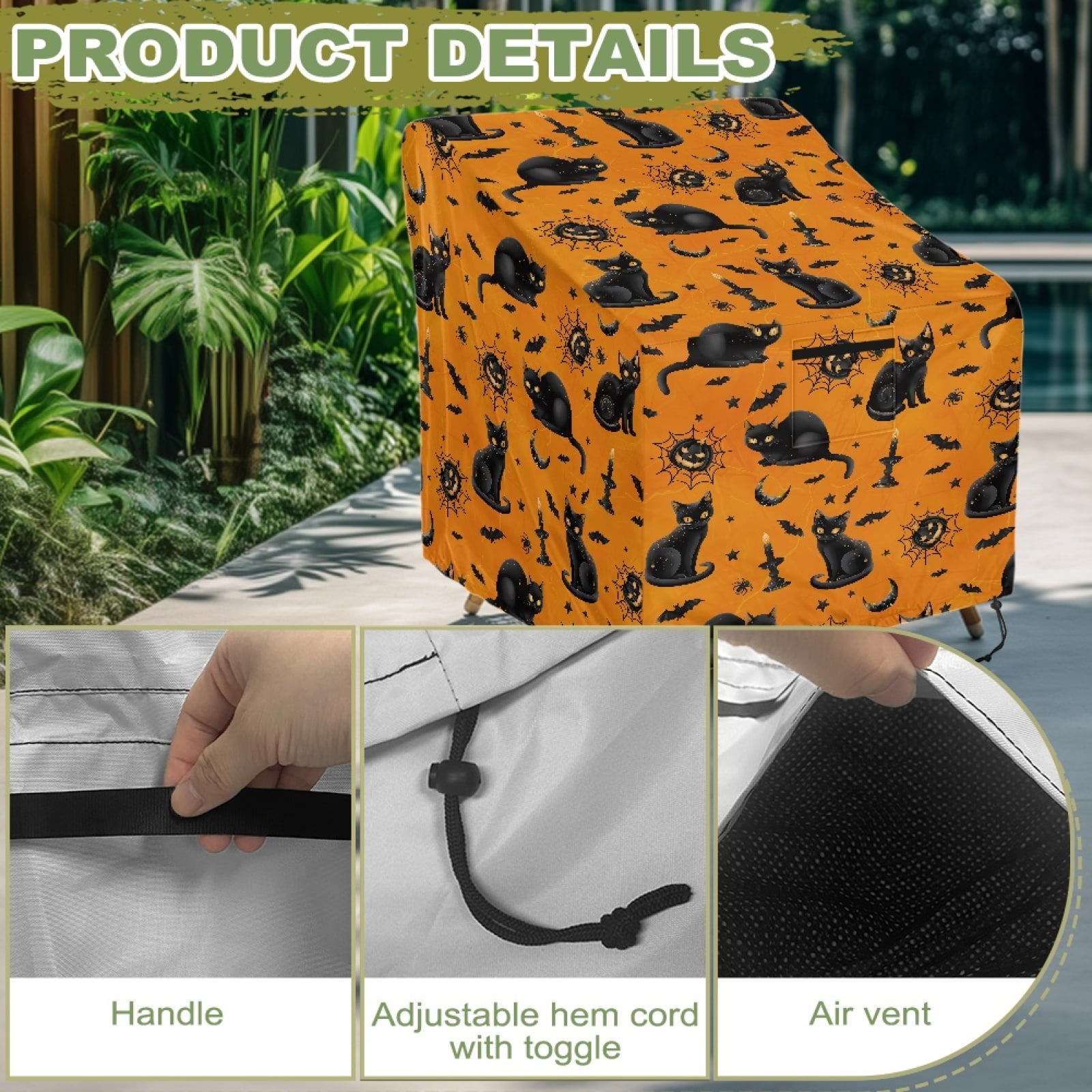 Renewold Waterproof Outdoor Chair Covers UV Resistant Patio Adirondack Rocking Chair Covers Recliner Chair Protector Halloween Decor Fits up to 32W x 35D x 36H Inches, Black Cat Pumpkin Orange