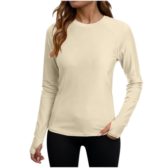 aohooy Sun Shirts for Women Long Sleeve Uv Protection UPF 50 UV Rash Guard Hiking Shirt Workout Running Tops with Thumb Holes Beige,L