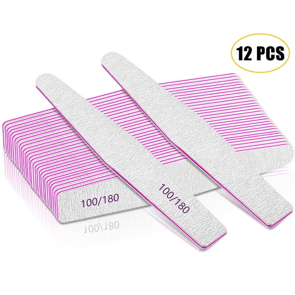 Nail File 100/180 Grit 12 PCS Double Sided Emery Boards Nail Files for Acrylic Nails and Poly Nail Extension Gel Washable