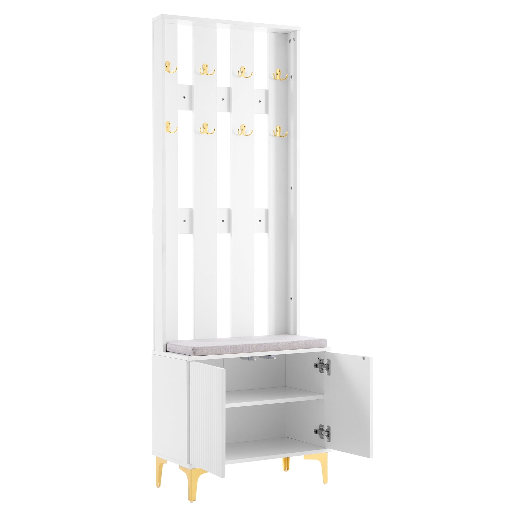 MAYEERTY 4-in-1 Hall Tree: Modern Entryway Bench with Cushion, 8 Gold Hooks, Adjustable Shelves, White