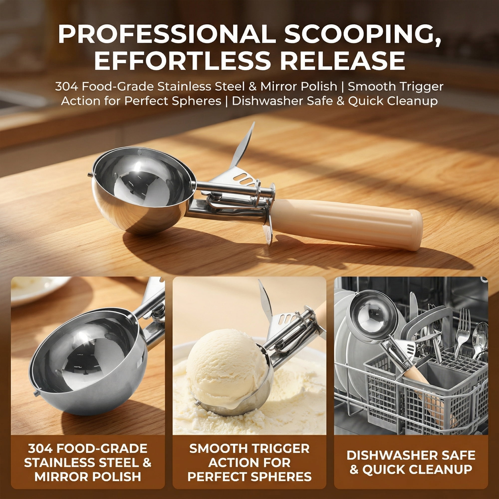 Unique Bargains Stainless Steel Ice Cream Scoop Beige 8.8in
