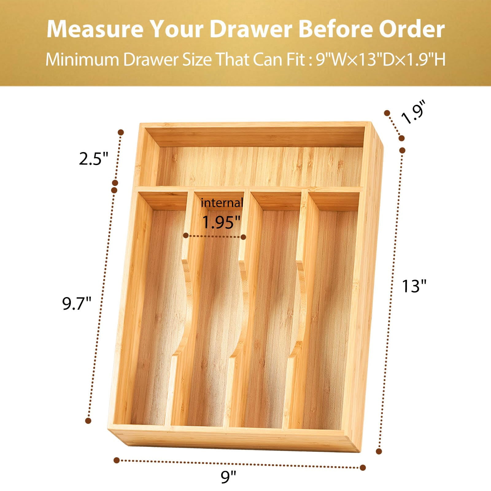 Bamboo Kitchen Drawer Insert, 9 Inch Utensil Organizer for Silverware, Wooden Tray with Reinforced Frame, Ideal for Compact Spaces, Orange