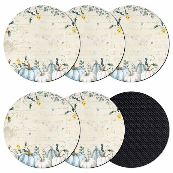 Thanksgiving Coasters Set of 6, Absorbent Coasters for Drinks, Fall Pumpkin Blue White Pumpkin Leaves Coaster for Desk Coffee Table Protection, Home Decor House Warming Gifts 4"