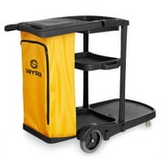 Dryser Commercial Janitorial Cleaning Cart on Wheels - Black Housekeeping Caddy with Cover, Shelves and Vinyl Bag