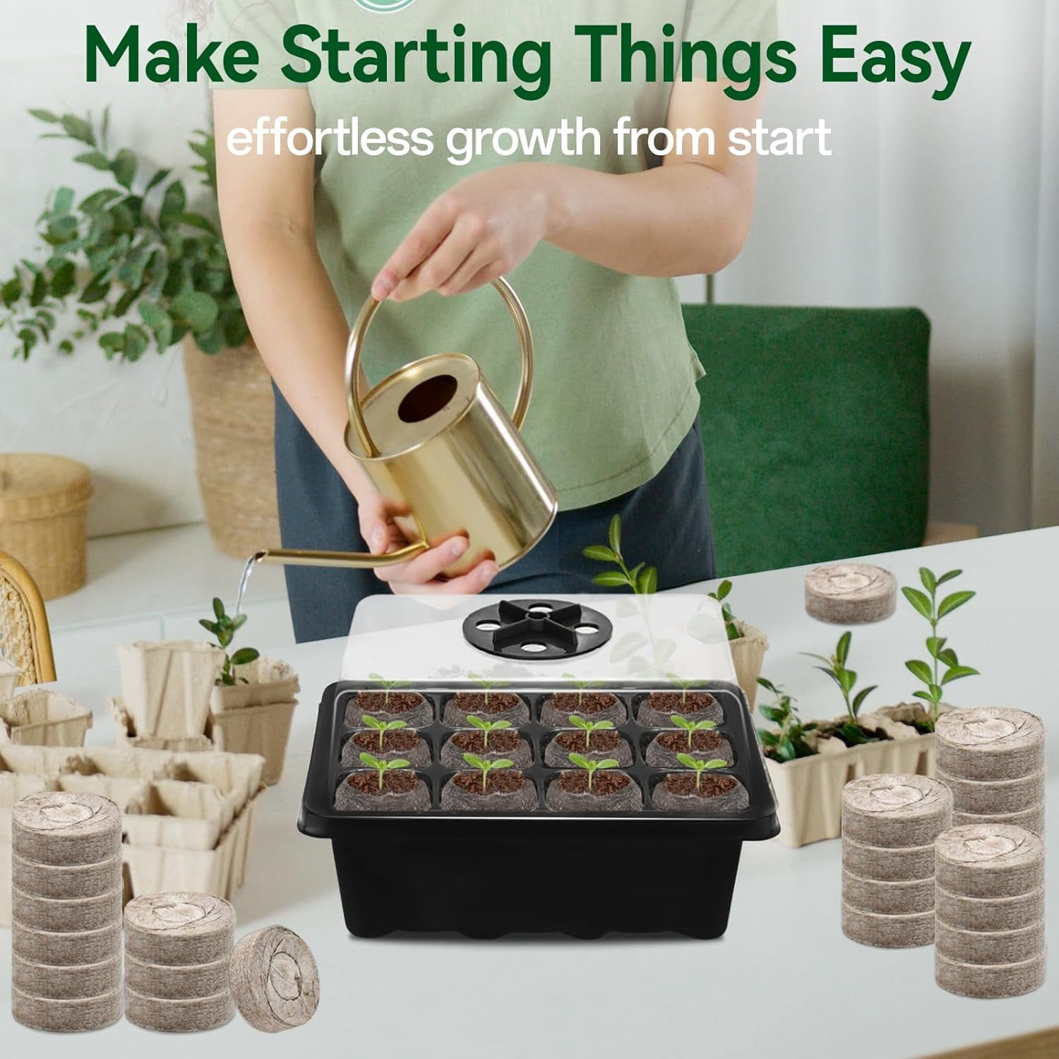 4 Pack Seed Starter Tray with 50 PCS Peat Pellets, 48 Cells Green Seeding Starter Trays for Organic Seed Stater Soil Pods for Planting Vegetables Plants Flowers - Starting Seeds Kit
