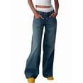 thumbnail image 2 of Women Y2k Low Rise Baggy Jeans Loose Fit Boyfriend Straight Wide Leg Trendy Stretch Long Denim Pants Washed Blue XS, 2 of 7