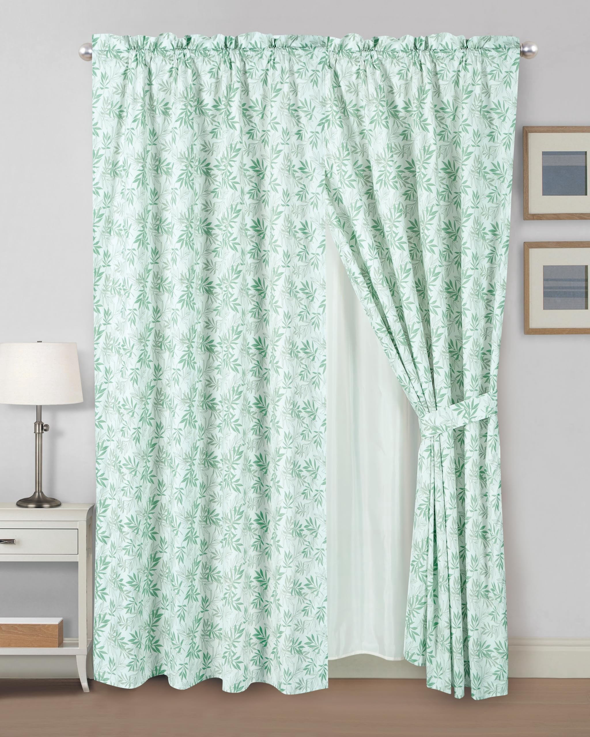 Chezmoi Collection 4-Piece Floral Leaves Window Curtain Set with Sheer Backing, Green White Leaves Printed Microfiber, 120 inch x 84 inch