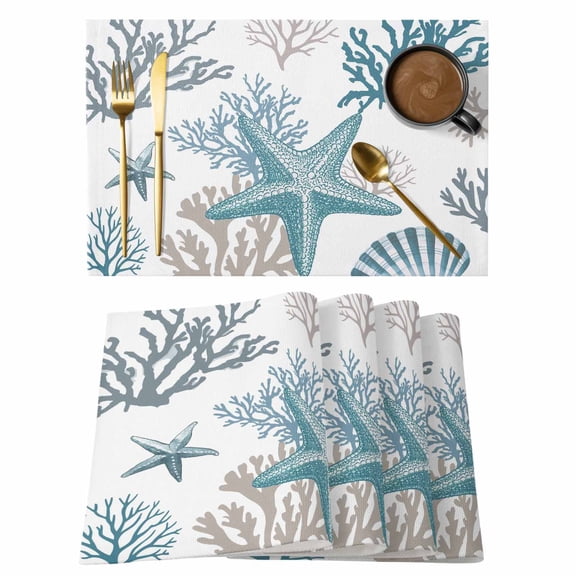 Coastal Starfish Placemats Set of 8 Blue Ocean Coral Conch Beach Nautical Place Mats Indoor Wipeable Table Mats Washable Cloth Dining Table Placemats for Kitchen Holiday Party Home Decor 13x19 Inch