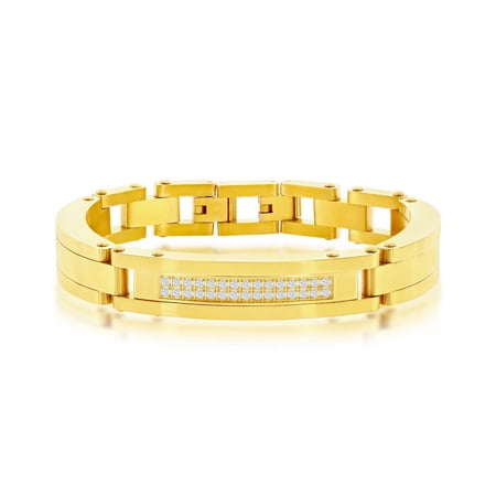 TheJewelryHut Designer Sterling Steel Micro Pave CZ ID Link Bracelet - Gold Plated