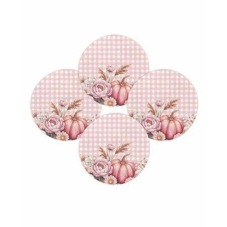 Fall Round Placemats Set of 4 Pink Pumpkin Place Mats Thanksgiving Woven Placemat Roses Daisy Flowers Buffalo Plaid Circle Braided Table Mat for Kitchen Dining Table Autumn Party Home Decor 15 Inch