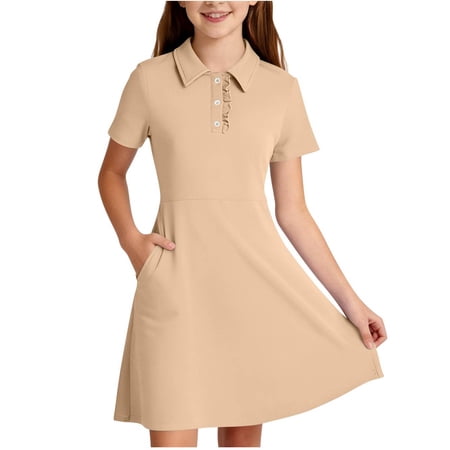 HAOTAGS Shift Dress for Girls School Button-Down Collar Solid Color Lace Trim Uniform Polo Dresses Khaki 11-12T