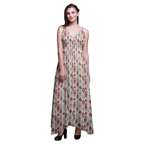 Bimba Ikat Ladies Long Floral Print Dress Spaghetti Strap V Neck Maxi Beach Wear-Small