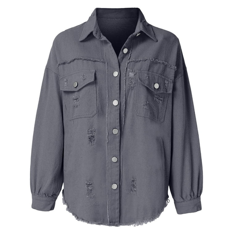 Jeans Jacket For Women Clearance Casual Long Sleeve Lapel Ripped