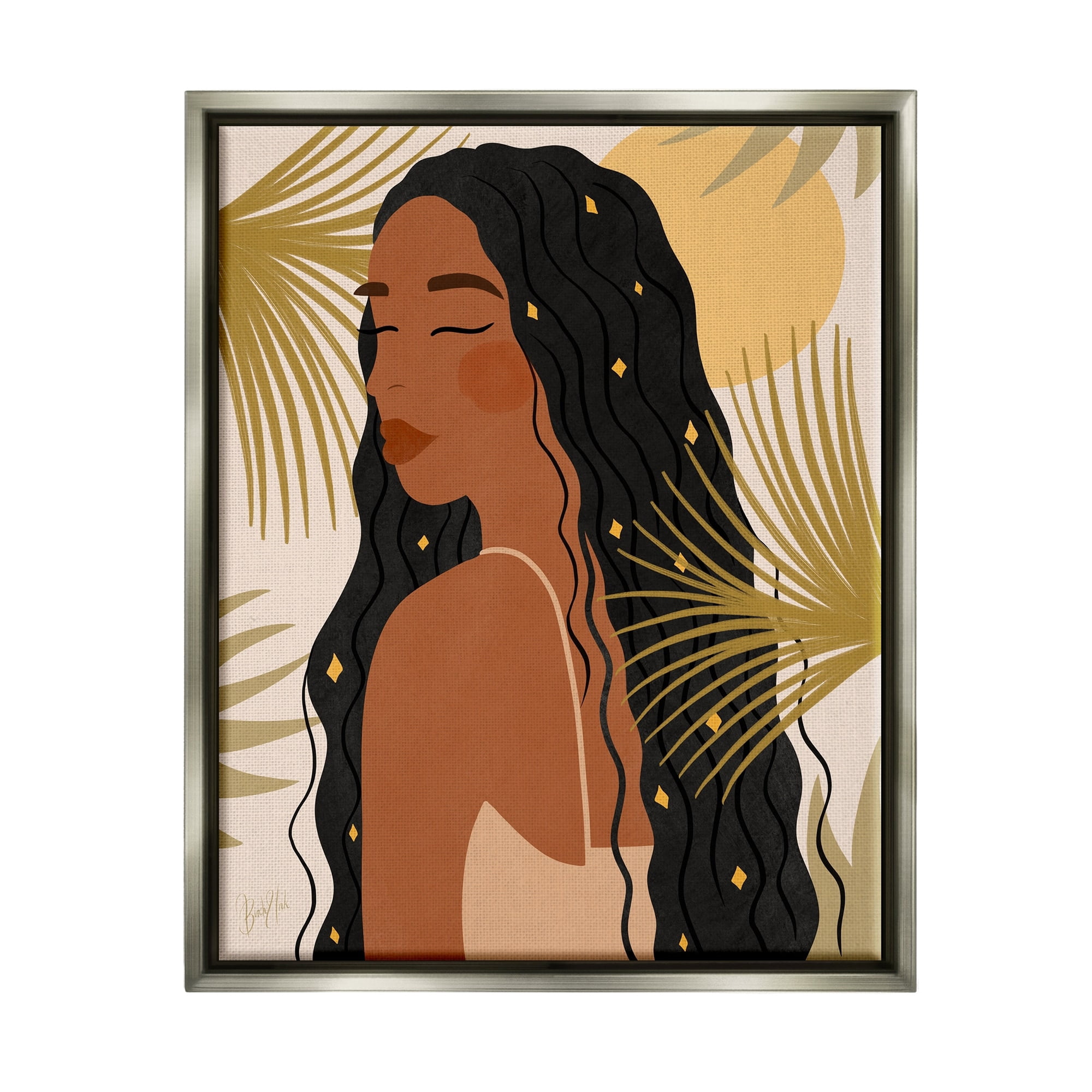 Stupell Industries Desert Plant Leaves Sunlit Starry Haired Woman Graphic Art Luster Gray Floating Framed Canvas Print Wall Art, Design by Birch&Ink