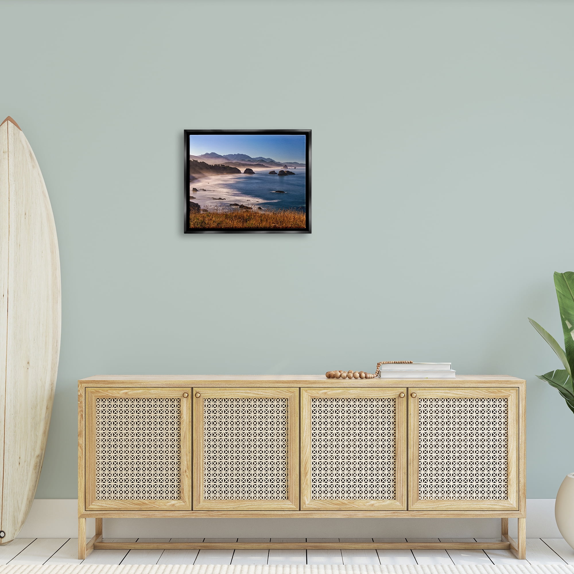 Stupell Rocky Shore Coastal Mountain Peaks Landscape Photography Black Floater Framed Art Print Wall Art