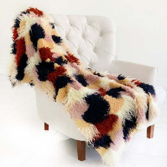 Plutus Fanciful Boho Plush Handmade Luxury Faux Fur Throw Throw 60W x 96L- Red, White, Blue