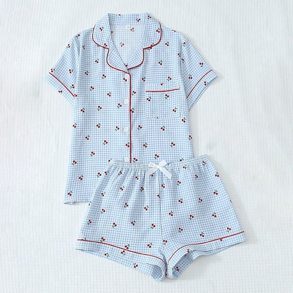CAIXIA Pajamas for Women Set Cotton Soft Button Down 2 Piece Lounge Pjs Cute Comfy Shorts Set Printed Loungewear with Pockets Summer Sleepwear