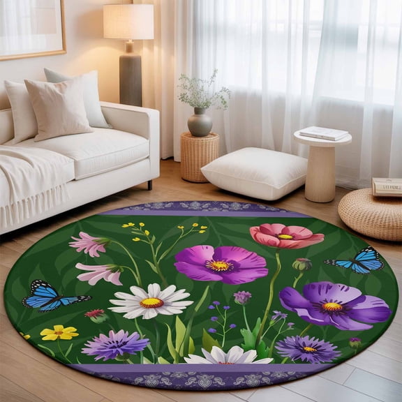 Small Round Rug 3Ft, Spring Flowers Non-Slip Washable Circle Rugs Carpet, Boho Botanical Budding Garden Florals Indoor Outdoor Rug Floor Mats Throw Runner for Bedroom Living Room Bathroom