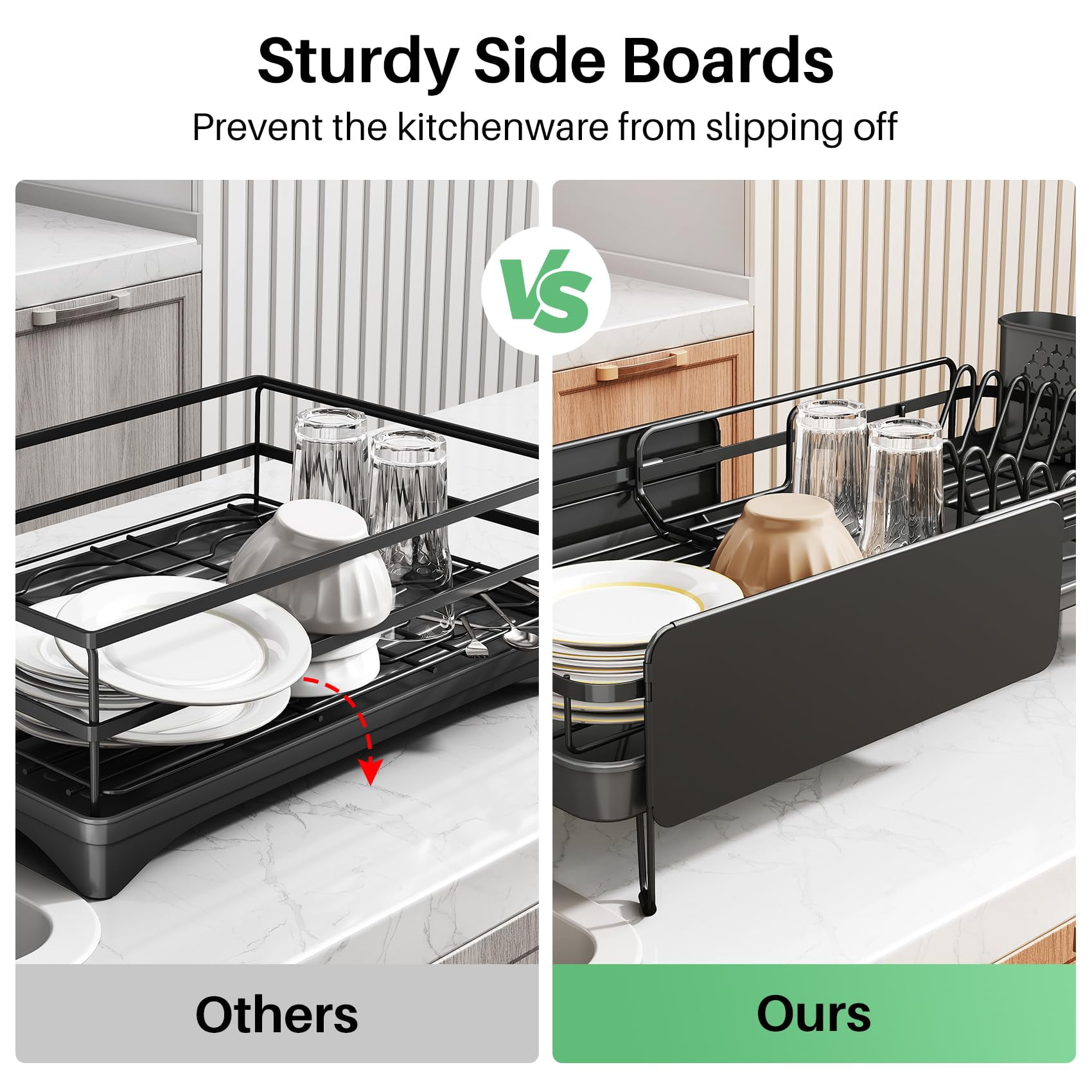 Dish Drying Rack Black Stainless Steel Expandable for Kitchen Counter