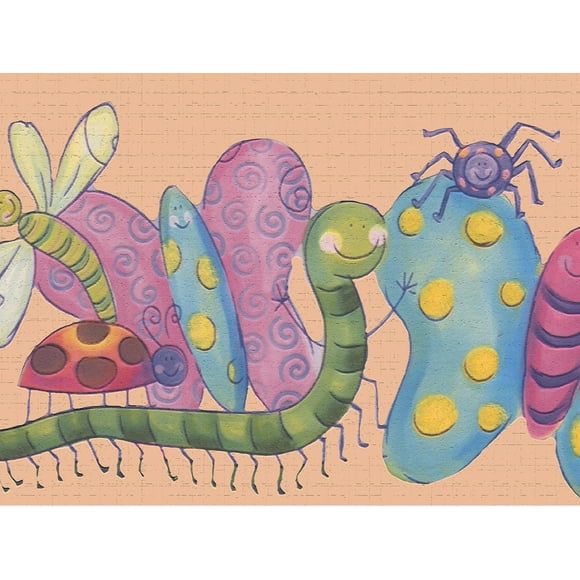 Dundee Deco's Peel and Stick Wallpaper Border - Kids Pink Green Yellow Bees and Bugs Wall Border Retro Design, 15 ft x 7 in (4.57m x 17.78cm), Self Adhesive