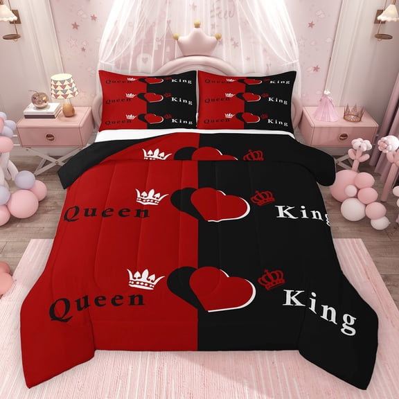 Homewish Female Women Adults Queen And King Crown Bedding Comforter Set 2pcs,Happy Valentine'S Day Twin Comforter Sets Microfiber,Love Heart Print Breathable Bedding Set,Microfiber Bedroom Decor