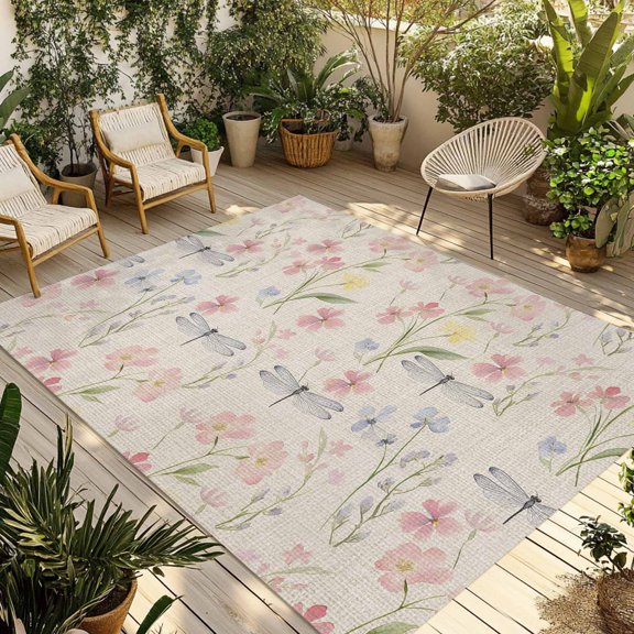 Fsddascl Pink Floral Outdoor Rug for Patio/Deck/Porch, Non-Slip Large Area Rug 4 x 6 Ft, Spring Pastoral Retro Botanical Plants Indoor Outdoor Rugs Washable Area Rugs, Reversible Camping Rug Carpet