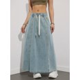 thumbnail image 4 of Plus Size Women's Elastic Waist Denim Maxi Skirt, Drawstring Loose A-line Casual Denim Midi Skirt, 4 of 5