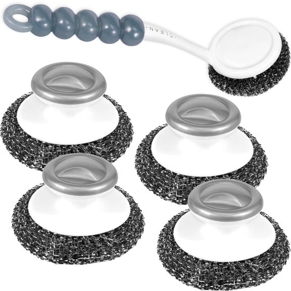 AEVXKHI 5PCS Stainless Steel Wool Scrubber with Handle, Dual-Sided Metal Sponge Wool Scrubbers, Handheld Scrubbing Cleaner Brush Scouring Pad with Tray for Kitchen Cleaning
