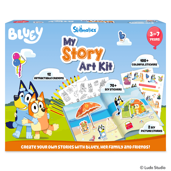 Skillmatics Bluey Sticker Book & Art Kit – 200 Bluey Stickers & Crayons 2 DIY Picture Stories, 12 Retractable Crayons, Coloring & Storytelling Activity, Christmas Gift for Kids Ages 3, 4, 5, 6, 7