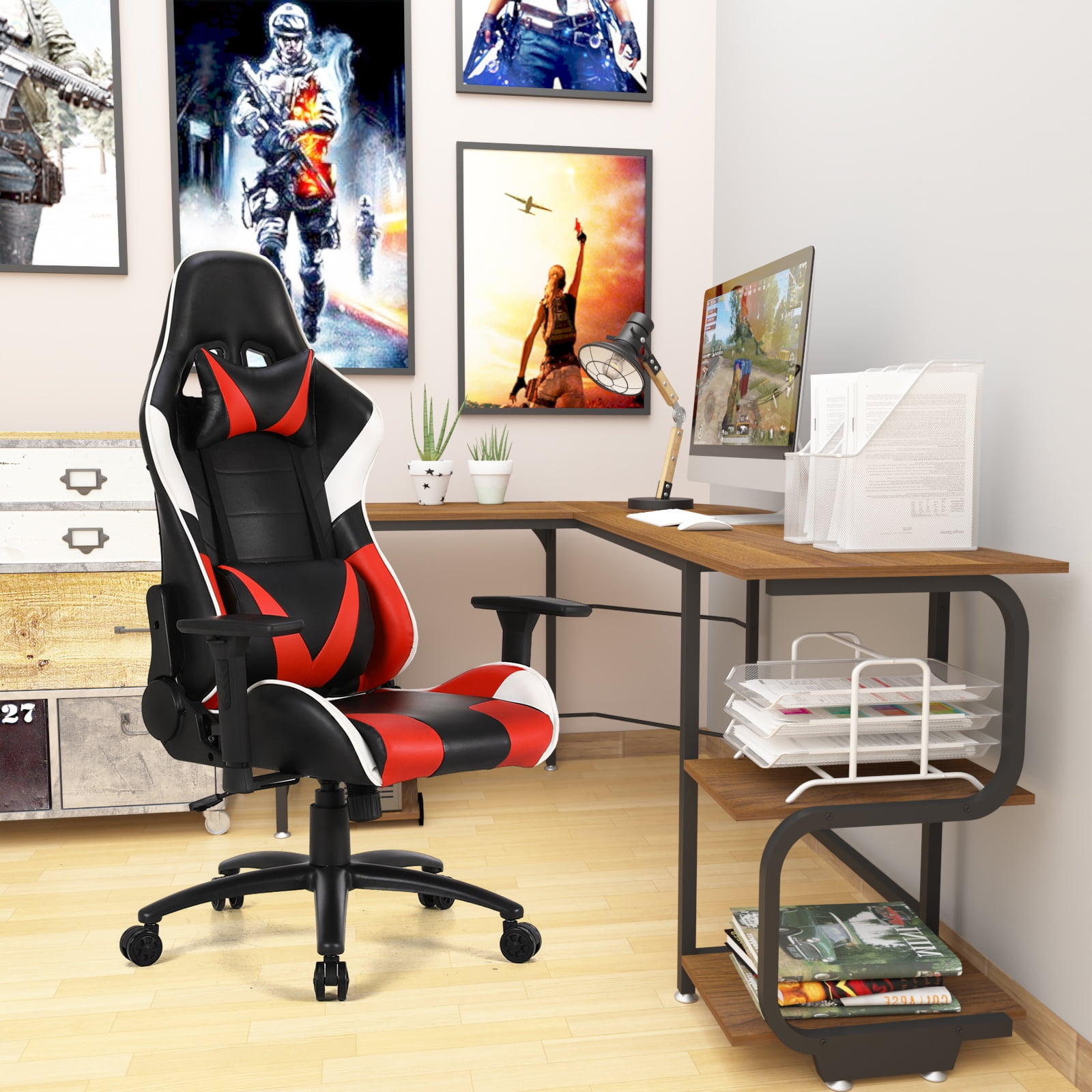Ergonomic Gaming Chair and Lshaped Computer Corner Desk Combo Home Office Excutive