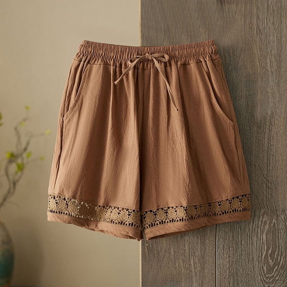 Women's Shorts Plus Size High Waisted Lace Hollow Out Summer Casual Elastic Waist Cotton Linen Lounge Beach Shorts with Pockets L-4XL