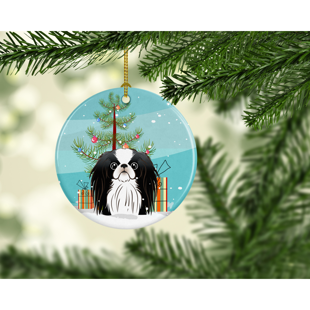 Christmas Tree and Japanese Chin Ceramic Ornament