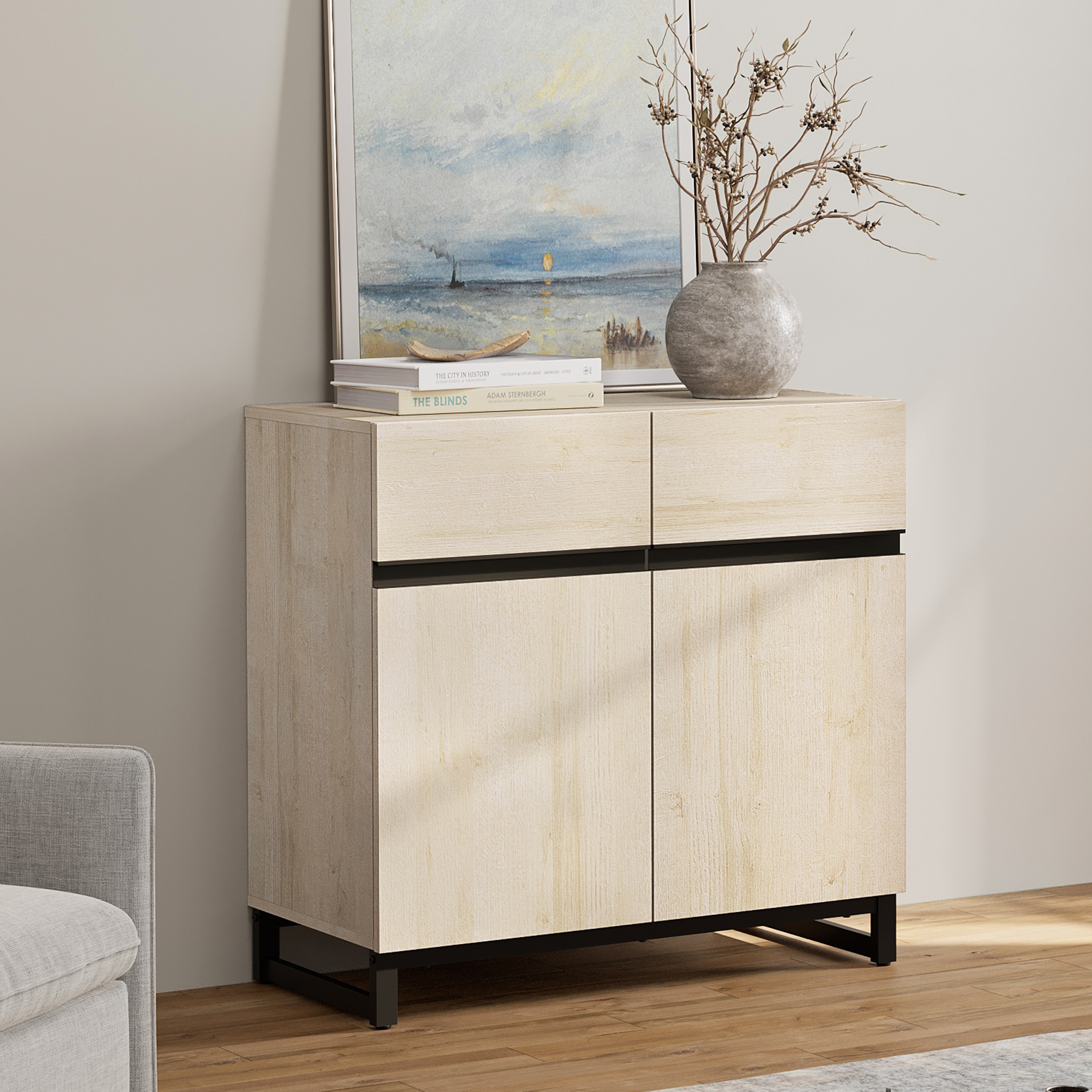 WAMPAT Modern Sideboard with Adjustable Shelves, 3 in 1 Storage Cabinet, Coffee Bar Cabinet for Living Room, Kitchen, Beige
