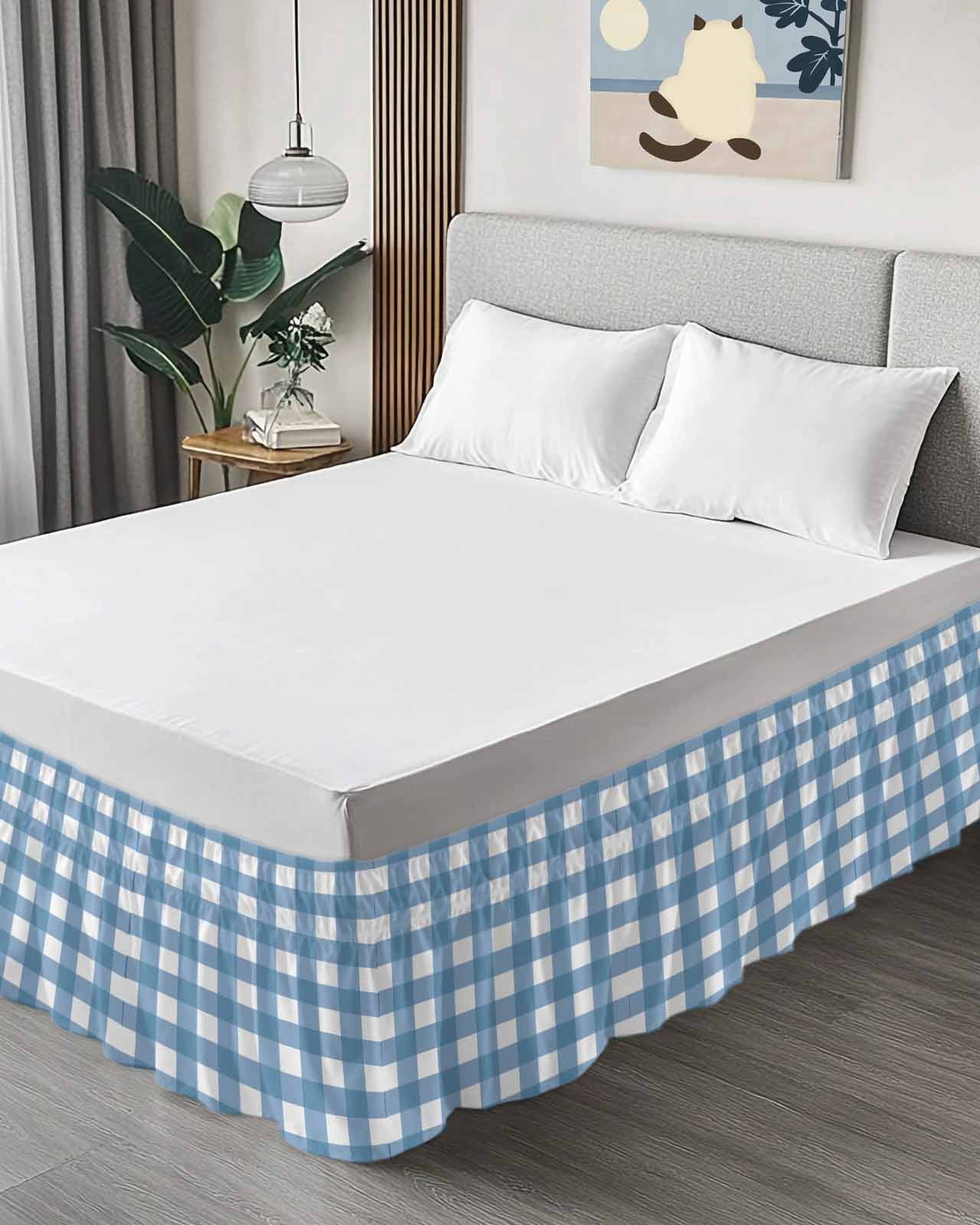 Blue White Plaid Wrap Around Bed Skirts for California King Bed 16" Drop,Bed Skirt with Adjustable Elastic Belt Dust Ruffle Bed Valance Gradient Geometric Buffalo Checkered Bed Frame Cover