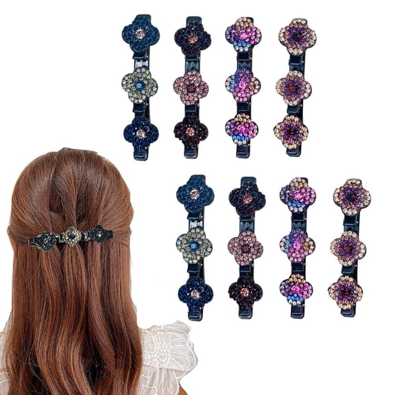 Four-Leaf Clover Chopped Hairpin Duckbill Clip, Sparkling Crystal Stone Braided Hair Clips Ladies Ponytail Fixer, Nonslip Braided Magic Hair Clips for Women Girls (8 PCS)