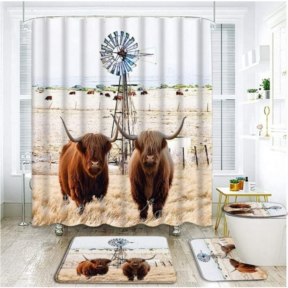 4 Piece Bull Shower Curtain Set with Rugs, Toilet Lid Cover ,Longhorns Highland Cow Farmhouse Walking Animal Wooden Fence Windmill Texas Cattle Western Rustic Bathroom Shower Curtain with Hooks
