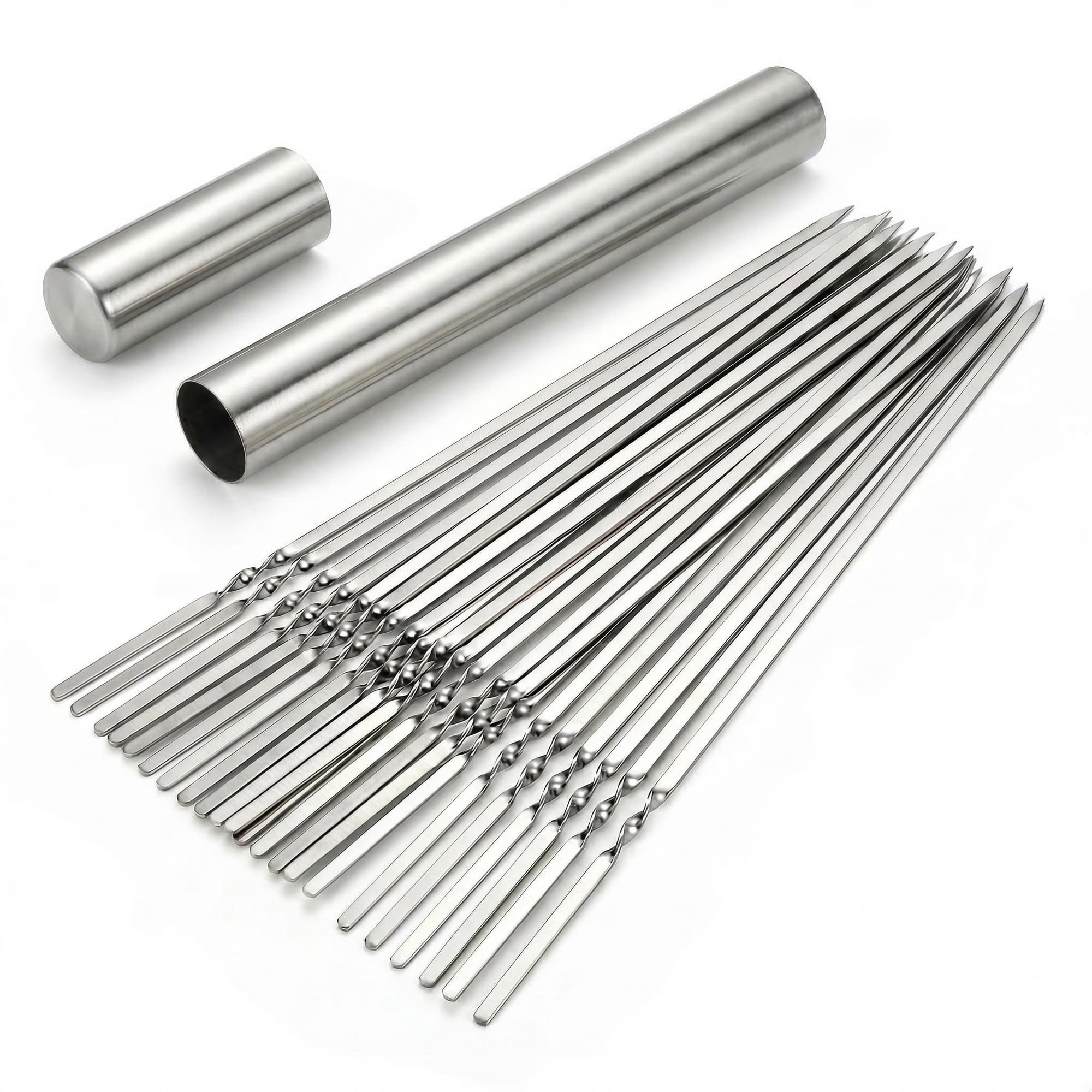 CNDRLEF 20PCS 13inch Stainless Steel BBQ Skewers, Reusable Grilling Skewer Sticks with Portable Tube Case for Outdoor Cooking & Barbecue Party