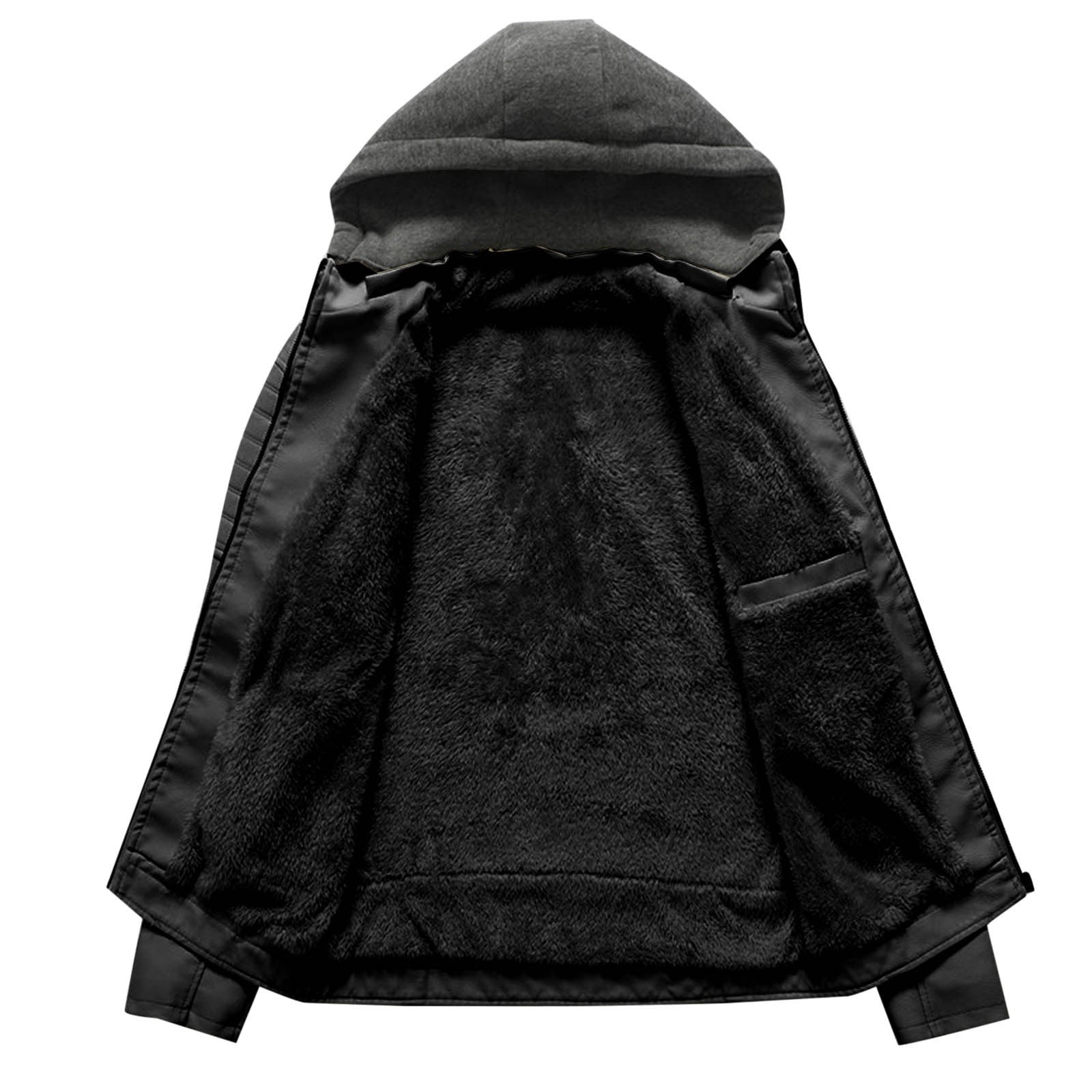 Bazeneo Mens Leather Jackets with Removable Hood Winter Fleece Faux Leather Jacket Thick Warm Zip Up Motorcycle Jacket Long Sleeve Hooded Biker Jackets Retro Fitted Casual Outwear