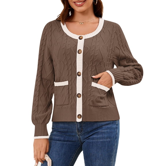 Usaibhir Womens Knit Button Up Cardigan Sweaters with Pockets Long Sleeve Crew Neck Open Front Sweater Jackets Outerwear
