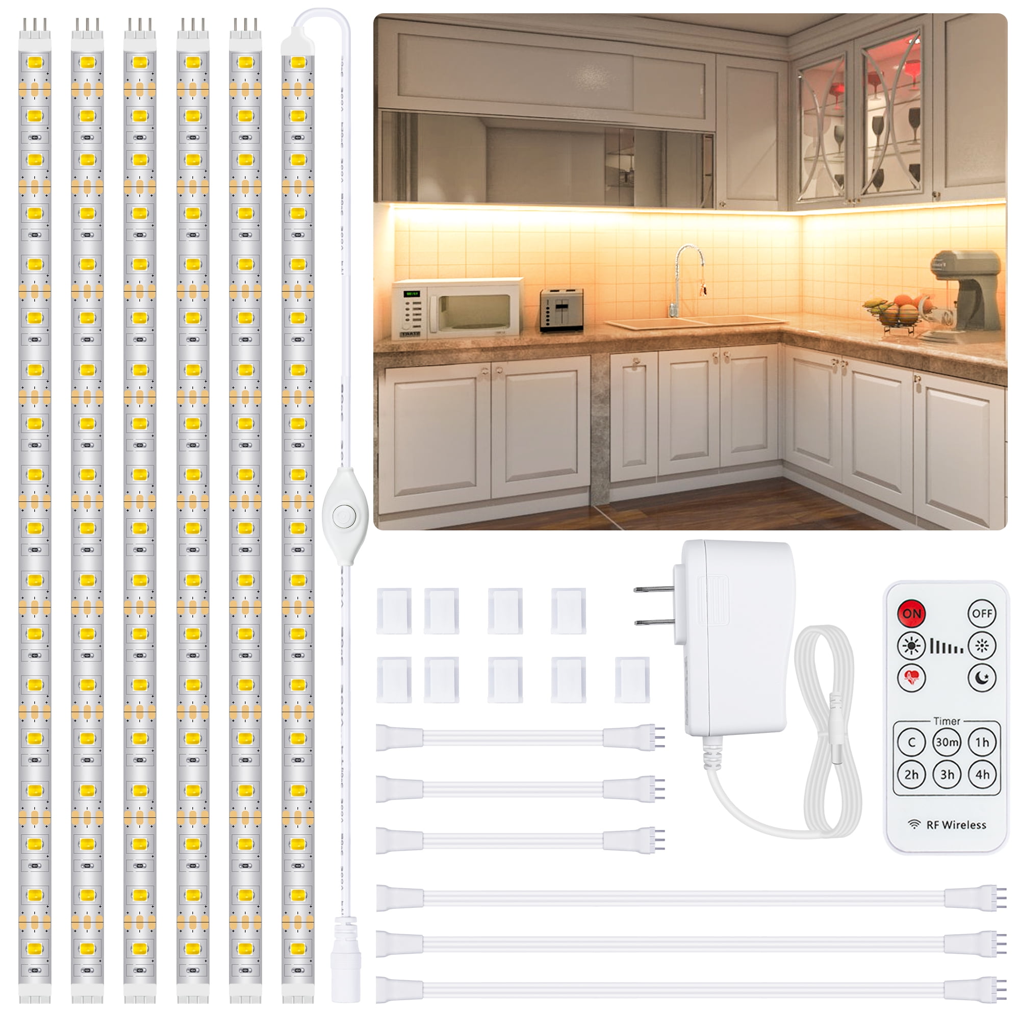 WILLED Dimmable Under Cabinet Lighting Kit 4 PCS COB LED Strips with Remote Control Closet Bookshelf Soft Light for Kitchen Counter Warm White 2700K with UL-Listed Adapter 